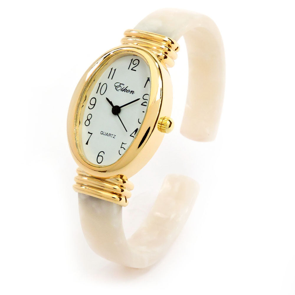 White Gold Acrylic Band Oval Face Women's Eikon Bangle Cuff WATCH
