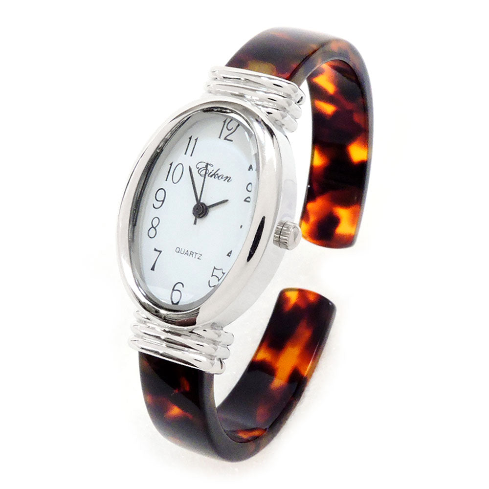 Tortoise Silver Acrylic Band Oval Face Women's Eikon Bangle Cuff Watch