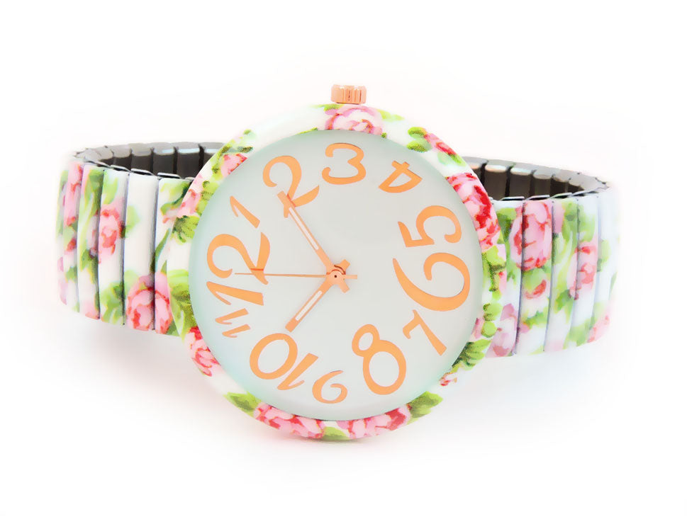White Roses Floral Print Large Face Easy to Read Stretch Band Extension Women's Watch