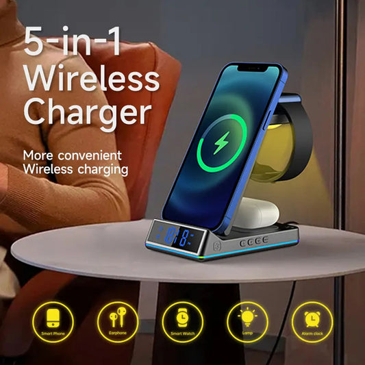 3 in 1 Wireless Charger with Clock/Alarm and Night Light,15W Fast Charging Station Compatible with iPhone , AirPods and  iWatch