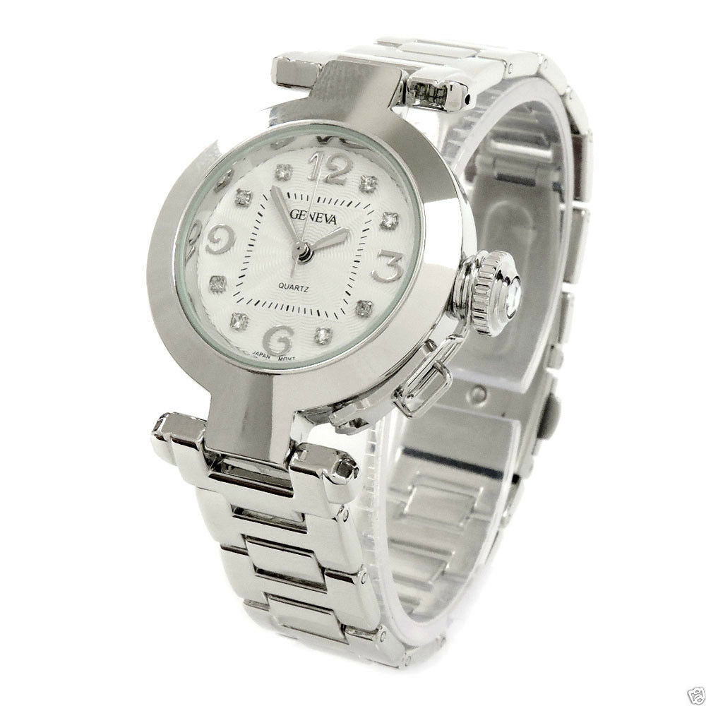 Clearance - Silver Crystal Cabochon Crown Cover Geneva Women's Bracelet Quartz Watch